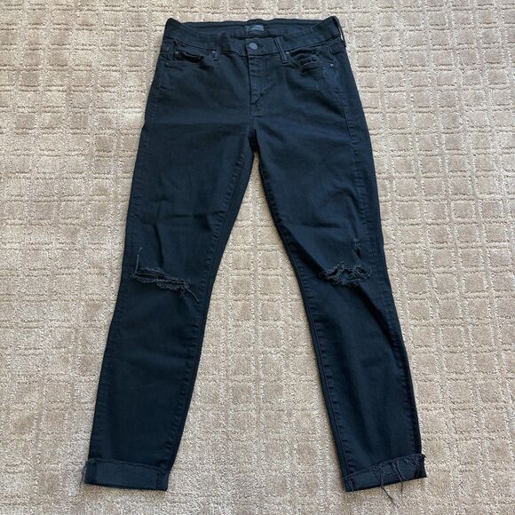 Mother Looker Ankle Fray Jeans Women's 27 Black "Guilty As Sin" Distressed Denim - Picture 1 of 10